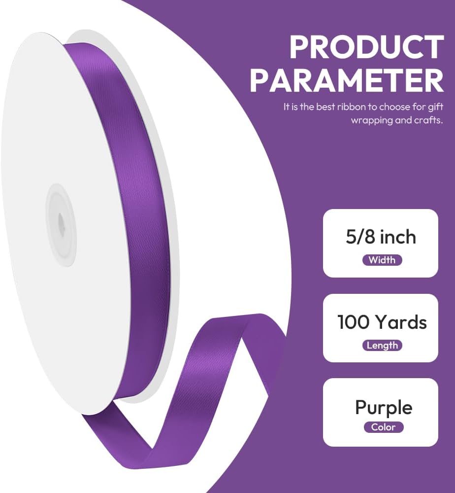 5/8" x 100 Yards Satin Ribbon - Purple Silk Ribbon with Spool - Ideal for Gift Wrapping, Floral Bouquets, Crafts, Wedding Party Decorations, Christmas and Sewing Projects