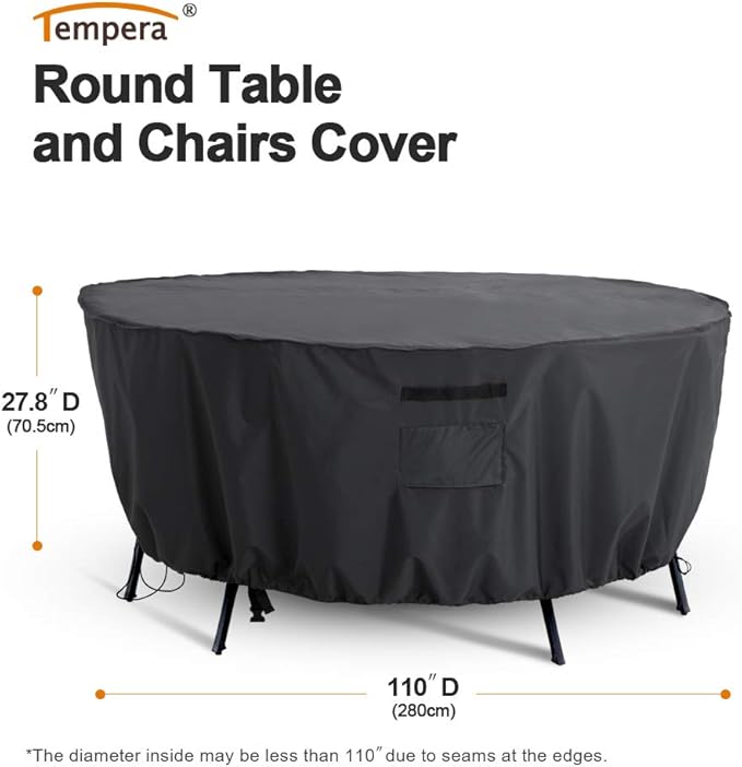 Tempera Patio Round Furniture Cover , Anti-Fading and UV Resistant Sectional Sofa , Outdoor Table Cover Waterproof, 110"D x 27.8"H, Space Grey