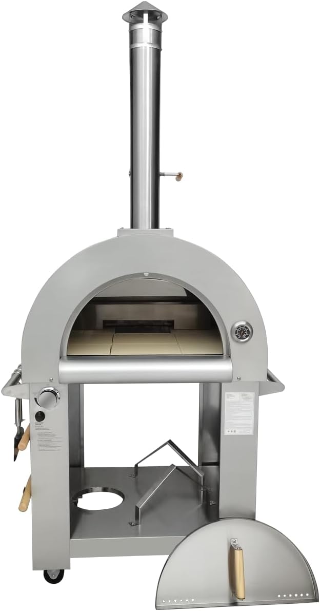 32.5" Wood Fired & Propane Gas Pizza Oven with Open Shelf and Wheels, Large Outdoor Oven for BBQ, Grilling, Stainless Steel Pizza Oven for Outdoor, Backyard and Party (Silver without Cover)