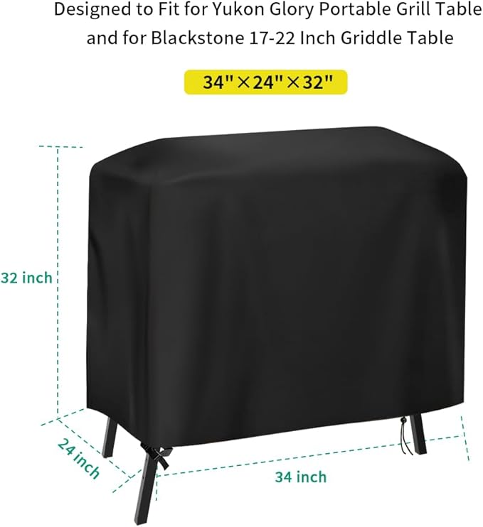 Griddle Cover for Yukon Glory Portable Grill Table, Outdoor 22 inch 17 inch Griddle Table Cover Waterproof Grill Stand Cover BBQ Grilling Cover Black - 34" L×24" W×32" H