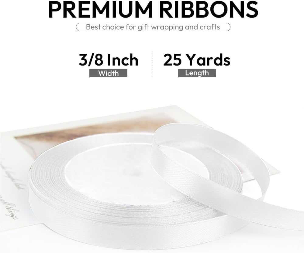 3/8 Inch 25 Yards Satin Ribbon White, Solid Color Fabric Ribbon for Gift Wrapping, Wedding, Polyester Gift Ribbon for Birthday Party Decoration, Craft, Hair, Floral, Sewing