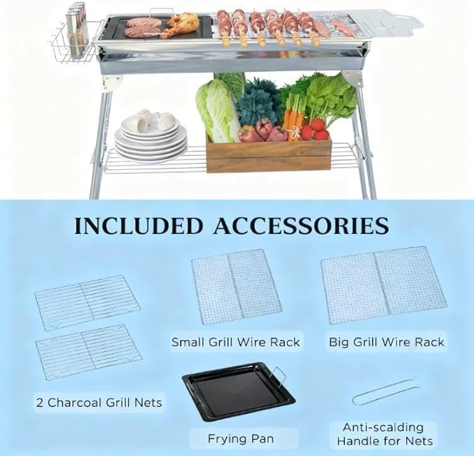 Folding Charcoal BBQ Grill with Storage Shelves, Portable Stainless Steel Charcoal Grill with Griddle Pan & Cooking Grate, Camping Picnic Hibachi Grill for Outdoor Cooking