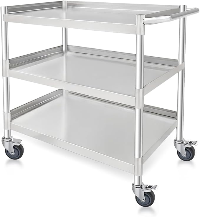 3 Tier Stainless Steel Utility Cart | Heavy Duty Metal Rolling Cart with Handle & Wheels | Ideal for Kitchen, Restaurant, Hospital, Laboratory & Home (16''x24''x34'')