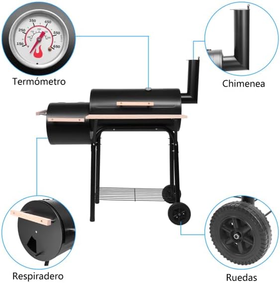 44" Charcoal Grill Offset Smoker, Outdoor BBQ Smoker with Side Fire Box, High-Temp Paint Charcoal Furnace with Thermometer, Wooden Shelf & 2 Wheels for Backyard Cooking, Camping, Picnic, Black