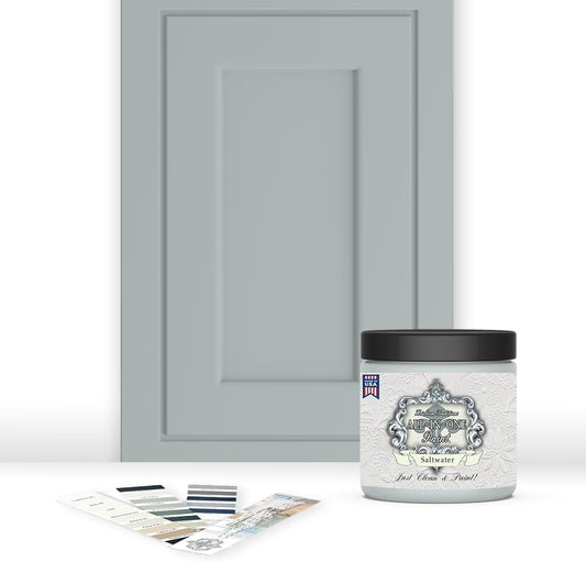 ALL-IN-ONE Paint, Durable cabinet and furniture paint. Built in primer and top coat, no sanding needed. Includes our 30 featured color card - Saltwater (pale green), 8oz Sample