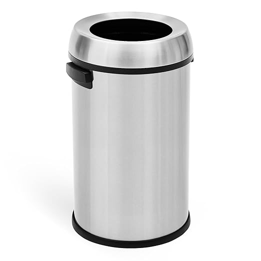 GarveeHome 17 gal/65 L Open Top Trash Can, Stainless Steel Rubbish Bin, Commercial Grade Waste Container, Round Garbage Can for Outdoor, Home Office, Restaurant, Silver