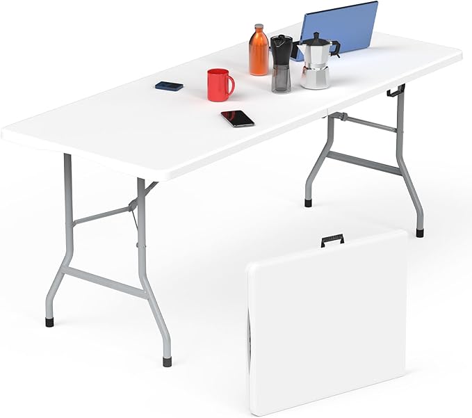 HLPB Folding Table 6ft, Foldable Portable Heavy Duty Plastic Fold-in-Half Utility Table with Handle & Safety Locks, Picnic Table Indoor Outdoor for Camping, Picnic and Party