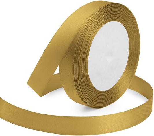 Golden Ribbon 5/8 Inches x 25 Yards, Golden Satin Fabric Silk Ribbon for Gift Wrapping, Bows Making, Floral Bouquets, Wreaths, DIY Handicrafts, Sewing Projects, Baby Shower and Wedding Party
