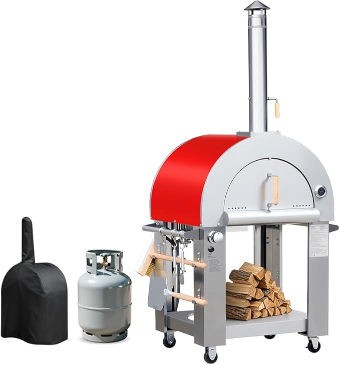 KOSTCH 32.5 inch Wood Fired and Propane Gas Pizza Oven for Outdoor Kitchen in Stainless Steel, Large Pizza Oven for Outside, Yard and Party (Red with Cover)