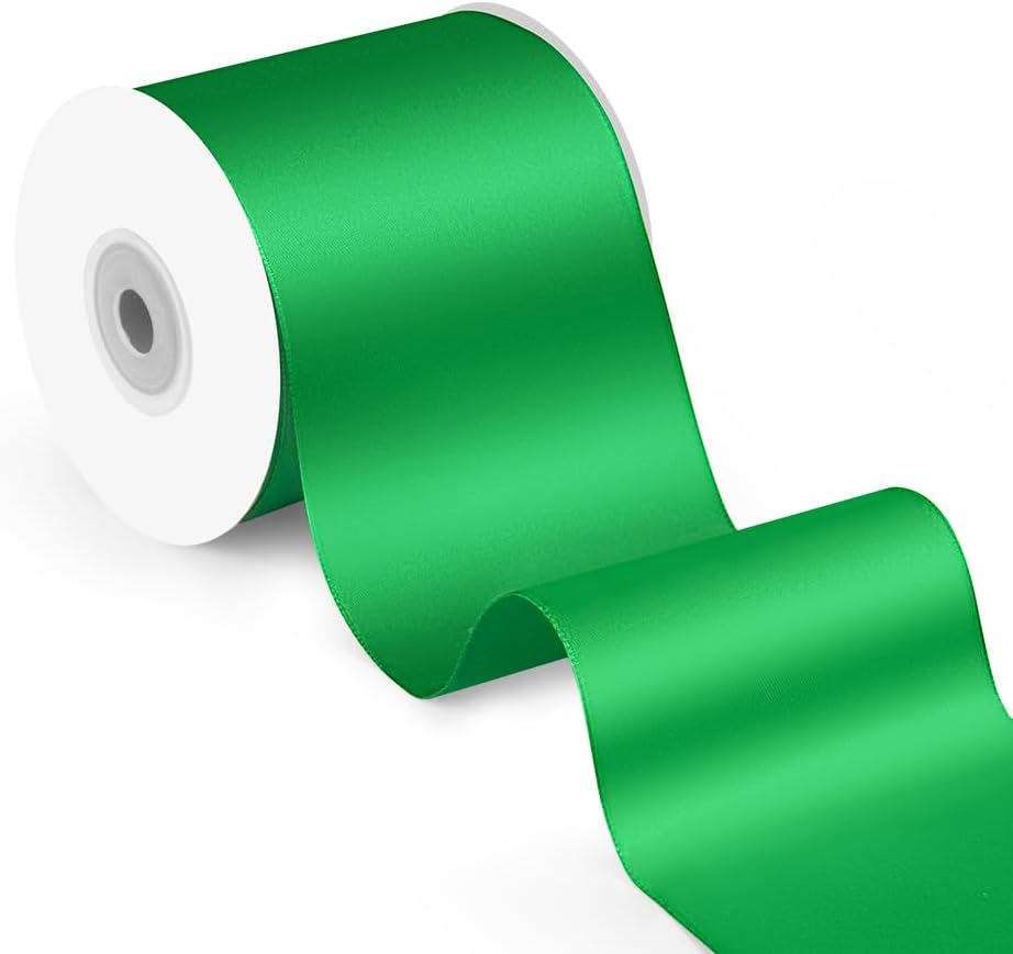 3" x 25 Yards Satin Ribbon, Green Silk Ribbon Ideal for Gift Wrapping, Floral Bouquets, Crafts, Wedding Party Decorations, Christmas and Sewing Projects