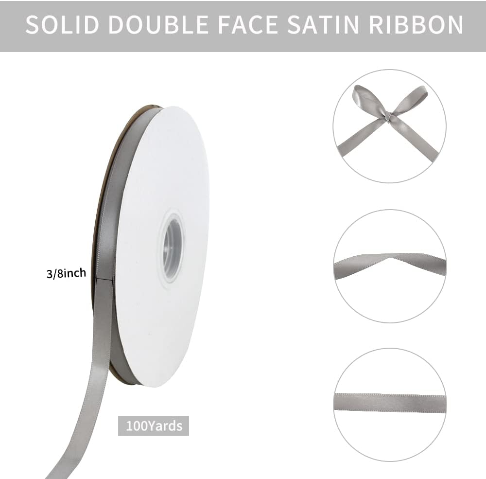 TONIFUL 3/8 Inch x 100yds Silver Satin Ribbon Thin Solid Fabric Ribbons Roll for Gift Wrapping Invitation Floral Hair Balloons Craft Sewing Party Wedding Popsicles Decoration Valentine's Day Bouquet