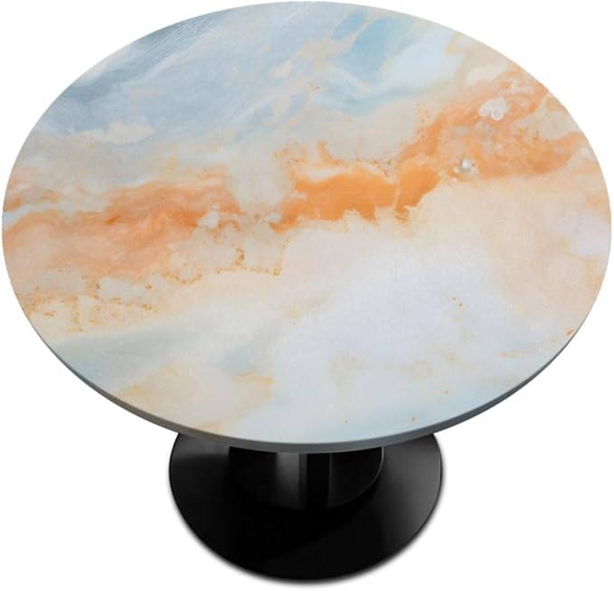 Marble Ripple Orange Blue Round Table Cloth Cover, Elastic Edge Waterproof Wipeable Tablecloths 45"-56" Polyester Tablecloth for Party Restaurant Banquet Holiday Camping Outdoor Picnic