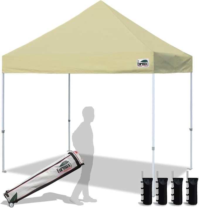 Eurmax USA 8'x8' Pop Up Canopy Tent Commercial Instant Canopies with Heavy Duty Roller Bag,Bonus 4 Sand Weights Bags (Beige)