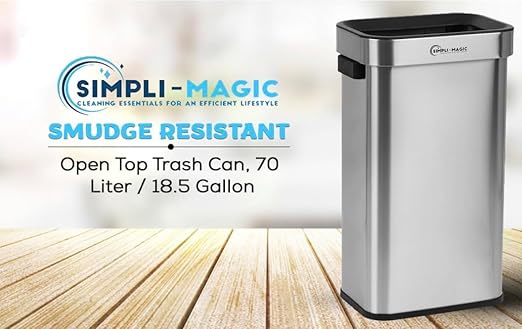 SIMPLI-Magic 18.5 Gallon (70L) Open Top Trash Can – Rectangular Commercial Trash Can – Smudge-Resistant, Easy to Clean, Non-Skid Base, Brushed Stainless Steel