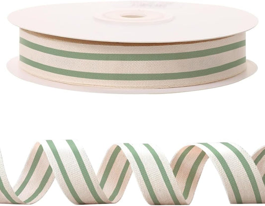 10 Yards × 3/5 Inch Green Natural Cotton Ribbon, Double Sided Webbing Straps Ribbons, Birthday Wedding Valentines Ribbons for Crafting, DIY Sewing, Gift Wrapping