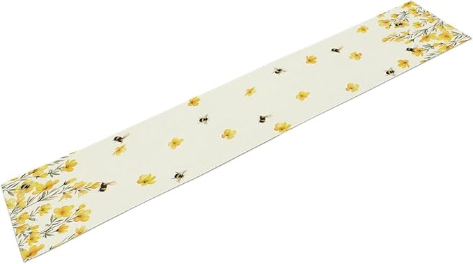 Yellow Wild Flowers Table Runner, Rustic Farmhouse Watercolor Daisy Floral Branches Bees Print Table Runner for Kitchen Dining Room Party Picnic Table Decor, 13x36inch