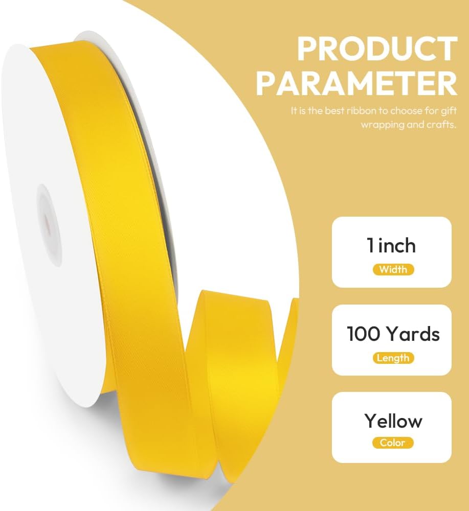 1" x 100 Yards Satin Ribbon - Yellow Silk Ribbon with Spool - Ideal for Gift Wrapping, Floral Bouquets, Crafts, Wedding Party Decorations, Christmas and Sewing Projects