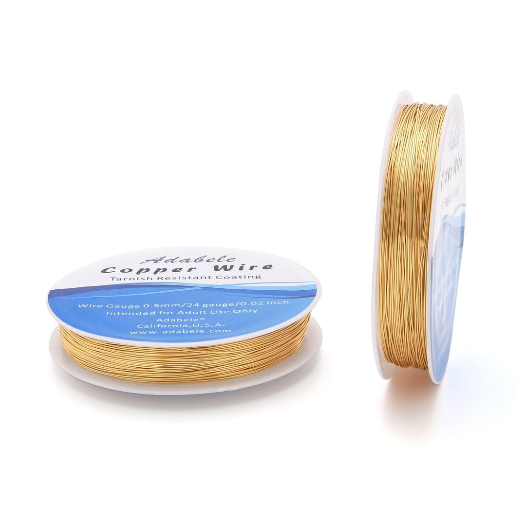 Adabele 295 Feet Premium Tarnish Resistant Round Jewelry Wire Copper Beading Wire Spool Bulk (0.5mm/24 Gauge) 18K Gold Plated for DIY Craft Jewelry Making BF286-5