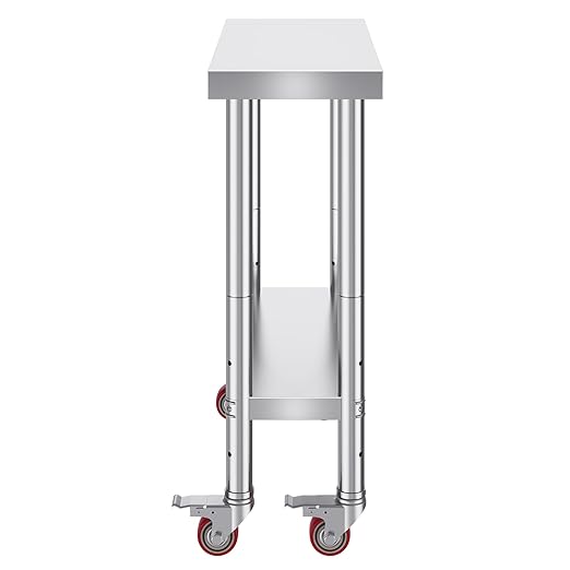 VEVOR Stainless Steel Work Table 30 x 12 x 34 Inch, 700 LBS Load Capacity with 4 Wheels, 3 Adjustable Height Levels, Heavy Duty Food Prep Worktable for Commercial Kitchen Restaurant, Silver