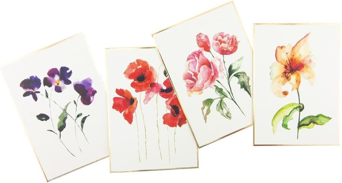 Graphique Watercolor Flowers Greeting Cards | 20 Pack | All Occasion Blank Note Cards with Envelopes | 4 Assorted Floral Designs with Gold Foil Borders | Boxed Set for Personalized Notes | 4.25" x 6"