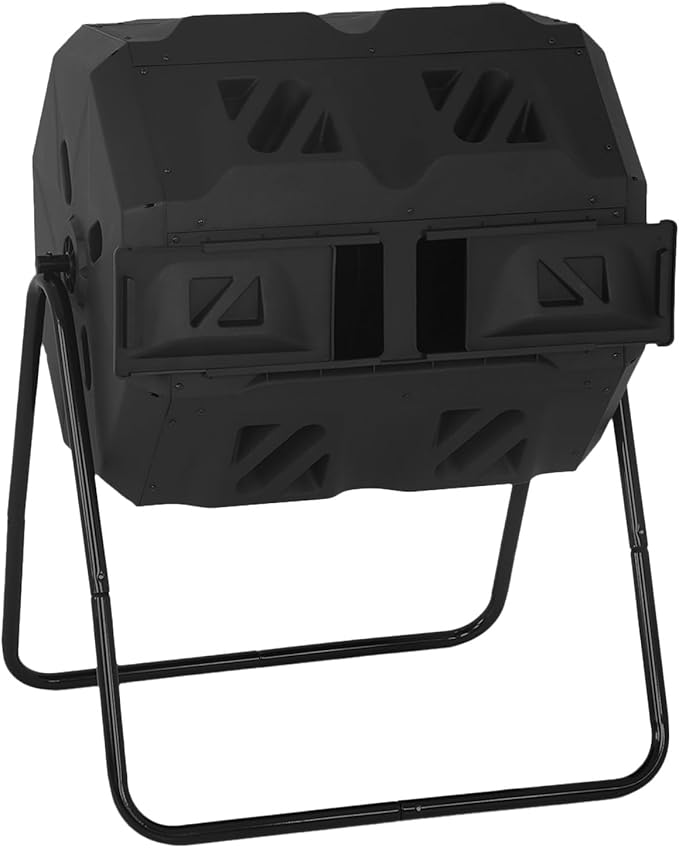 FDW Outdoor Compost Bin, 43 Gallon Dual Chamber Tumbling Composting Bin with Sliding Doors for Garden Patio Kitchen Yard，Black Door