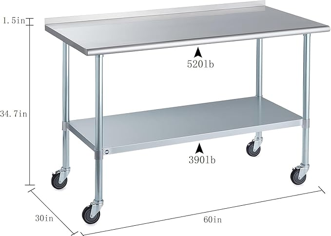 Stainless Steel Table for Prep & Work with Caster & Backsplash 30x60 Inches, NSF Metal Commercial Kitchen Heavy Duty Table with Adjustable Under Shelf and Table Foot for Restaurant, Home and Hotel