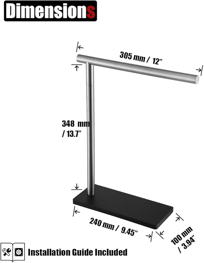 JQK Hand Towel Holder Stand Brushed, Modern Tree Rack Free Standing for Countertop with 12 Inch Bar, 304 Stainless Steel Thicken 0.8mm, HTT170-BN