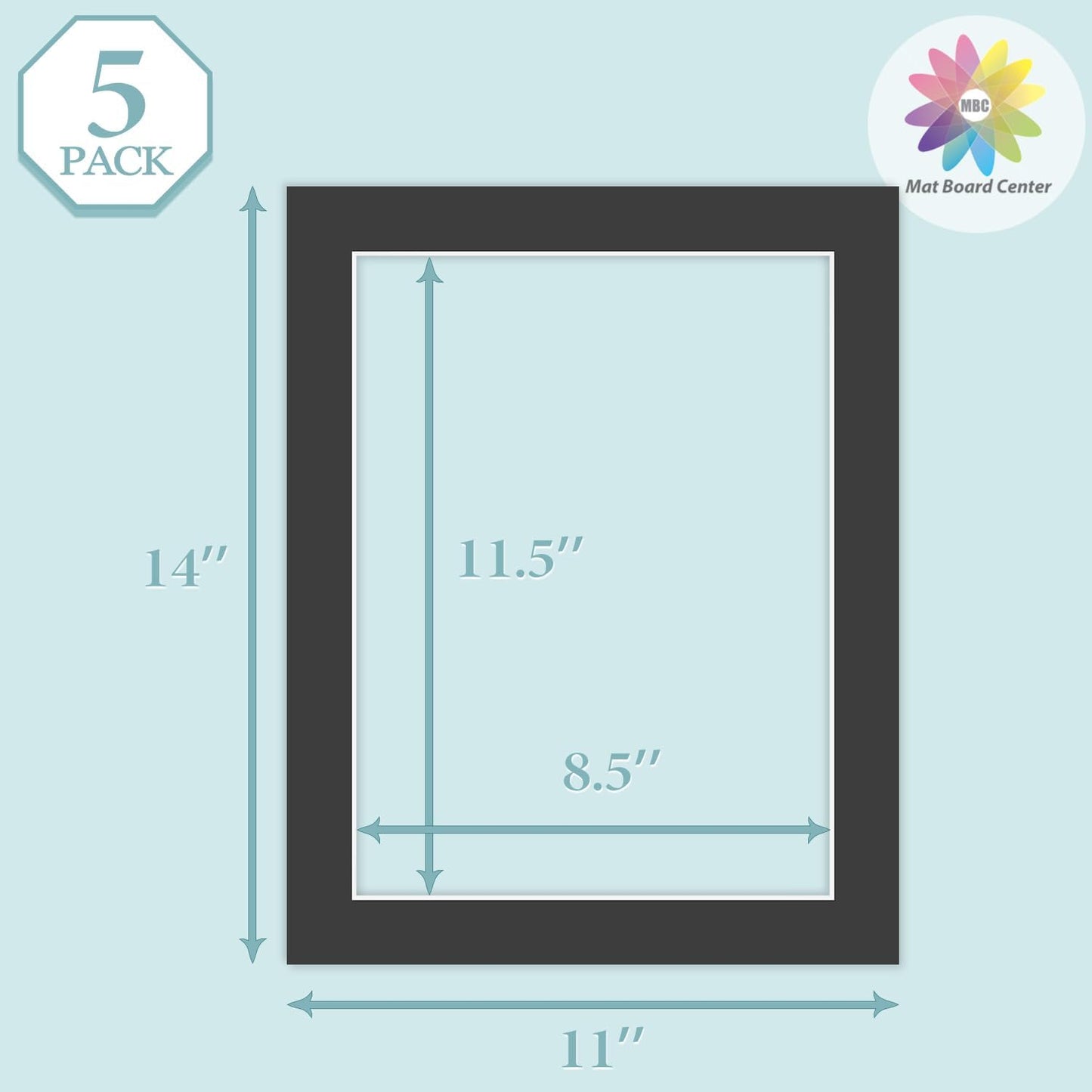 MBC Mat Board Center, 5 Pack 11X14 for 9X12 Black Picture Mats Frame Mattes, Bevel Cut, Acid Free, 4-Ply Thickness