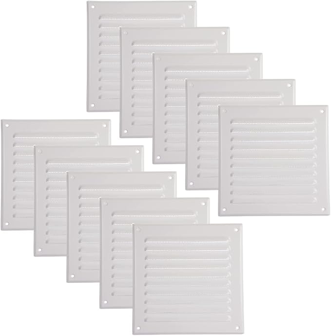 Vent Systems - 6 x 6 Inch (Inner) Pack of 10 White Metal Square Soffit Air Vent Grille Cover, Register Vent Deflector Louver Built-in Mesh HVAC for Bathroom Home Office Kitchen 8" x 8" (Outer)