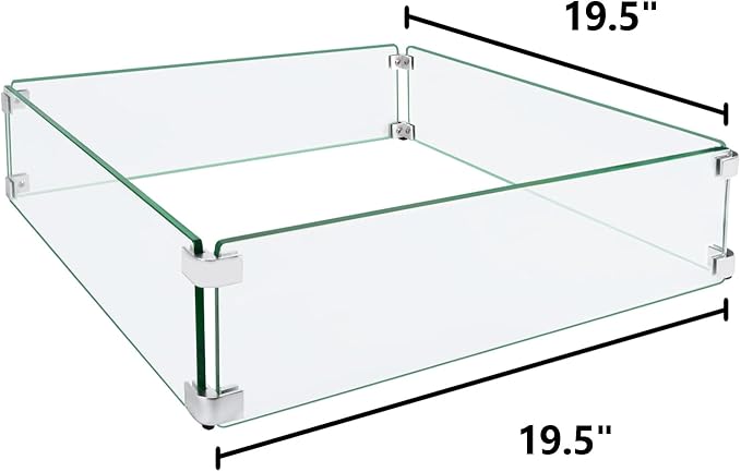 Fire Pit Wind Guard, 19.5" Glass Wind Guard for Fire Pit Square Table, Made of Clear Tempered Glass, Set with Assembly Instructions, Easy to Install