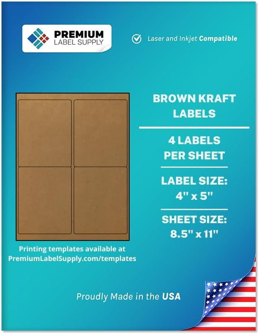 Premium Label Supply Brown Kraft Sticker Labels – 4" x 5" – Laser/Inkjet Compatible – (4 per Sheet), 25 Sheets – 100 Total Adhesive Labels