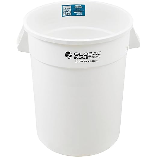 Global Industrial Commercial Round Trash Can, 32 Gallon Capacity, Plastic Garbage Can, Indoor and Outdoor Utility Trash Can, White, 21-3/4"W x 27-1/2"H, No Lid