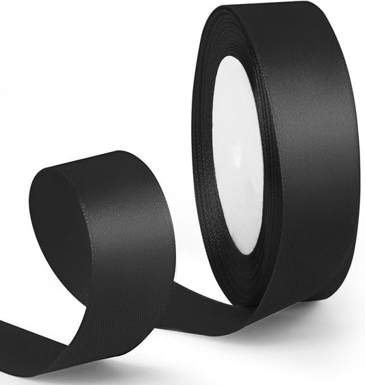 1 Inch 25 Yards Satin Ribbon Black, Solid Color Fabric Ribbon for Gift Wrapping, Wedding, Polyester Gift Ribbon for Birthday Party Decoration, Craft, Hair, Floral, Sewing