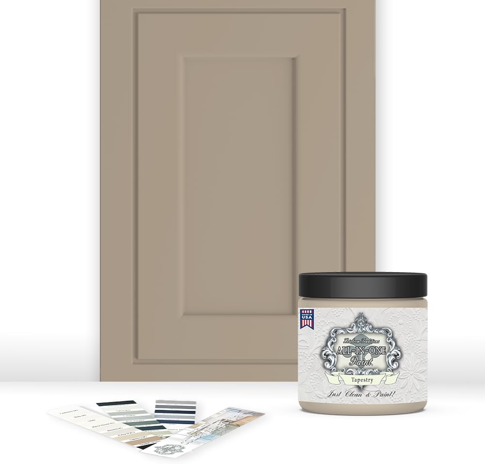 ALL-IN-ONE Paint, Durable cabinet and furniture paint. Built in primer and top coat, no sanding needed. Includes our 30 featured color card - Tapestry (khaki brown), 8oz Sample