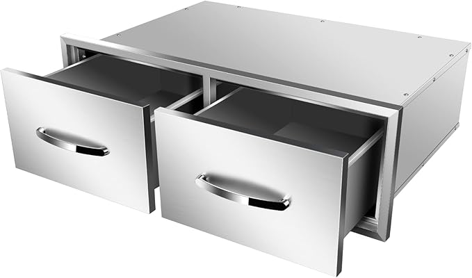 Outdoor Kitchen Stainless Steel Triple Access BBQ Drawers With Handle For BBQ Island Patio Grill Station,Double Drawers