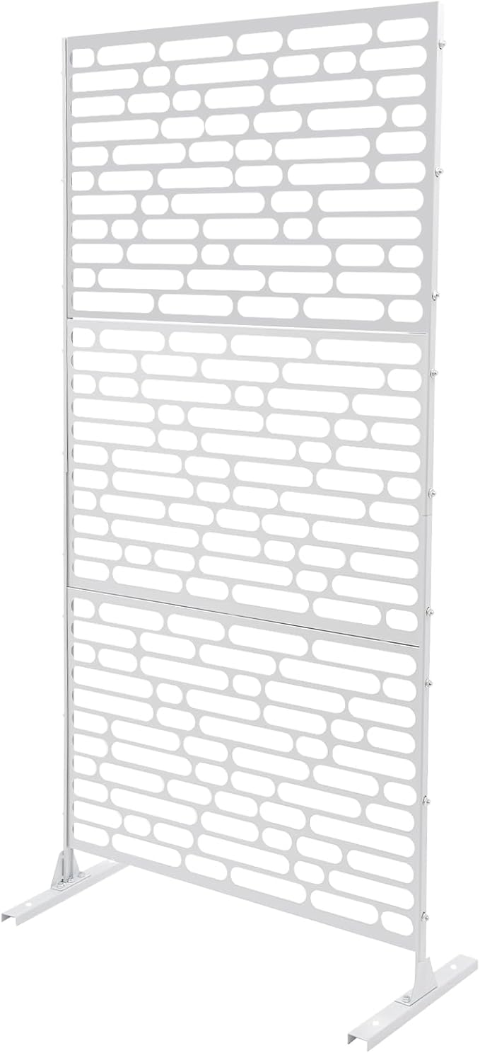 Outdoor Metal Privacy Screen with Stand, 35.4" W x 75" H Freestanding Metal Slatted Decorative Privacy Screen and Panels for Patio Garden Balcony Porch (White Rounded Rectangle)