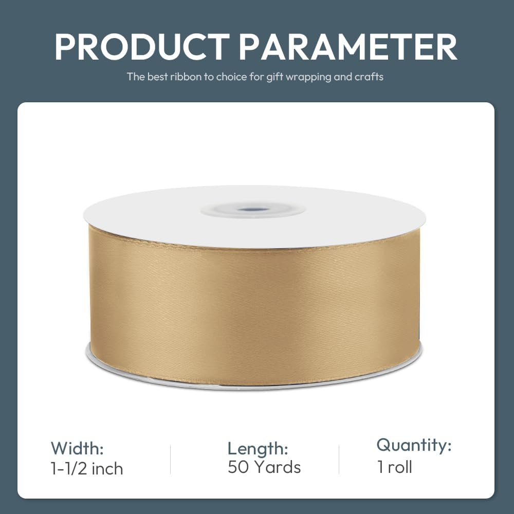 1-1/2" Wide x 50 Yards Champagne Gold Single Faced Polyester Satin Ribbon for Wedding Decor, Wreath, Crafts, Gift Wrapping & Other Projects