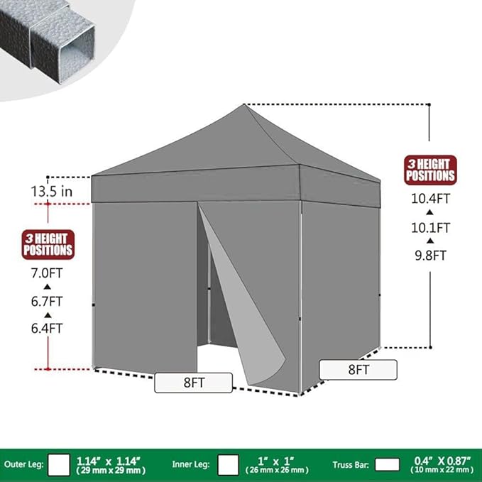 Eurmax USA 8'x8' Pop-up Canopy Tent Commercial Instant Canopies with 4 Removable Zipper End Side Walls and Roller Bag, Bonus 4 SandBags(Gray)