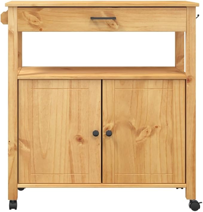 Kitchen Trolley Monza Rolling Kitchen Island Cart with Storage, Portable Dining Room Serving Utility Carts, Brown 33.1" x 15.7" x 35.4" Solid Wood Pine KH79A