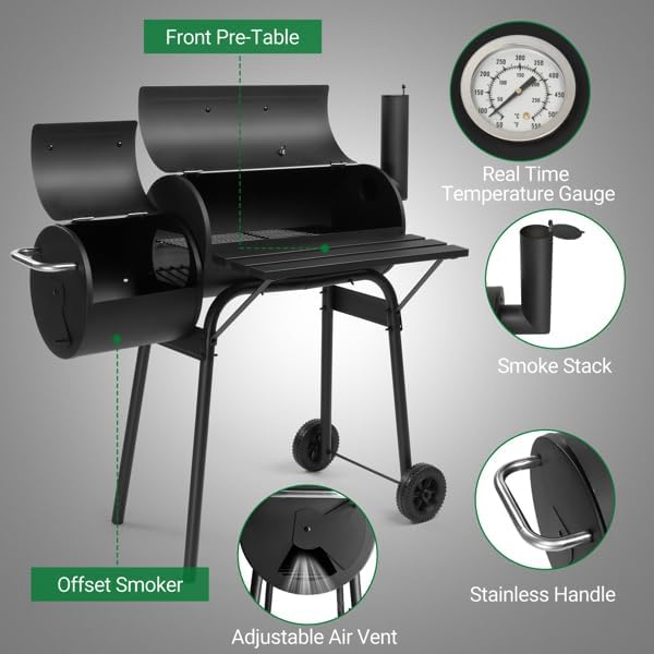 Heavy Duty Barrel Charcoal Grill with Offset Smoker, All Metal Outdoor BBQ Smoker with Front Work Table and Wheels, Portable Barbecue Grill for Backyard Garden Patio Camping Cooking, 43.7" Wide