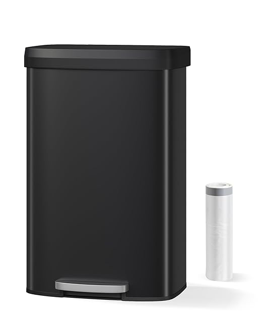 Garvee 21 gal / 80 L Metal Trash Can with Lid, Large Garbage Can for Kitchen, Rustproof Step-on Kitchen Metal Trash Bin with Liner Rim, Rear Handle, Soft Close Plastic Lid, Black