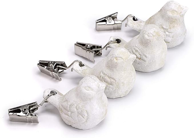OwnMy Set of 4 White Tablecloth Weights Clip on, Heavy Duty Pendant Tablecloth Weights Kit with Cast Iron Antique Birds, Flag Weights Clips for Outdoor Garden Party Picnic Tablecloths