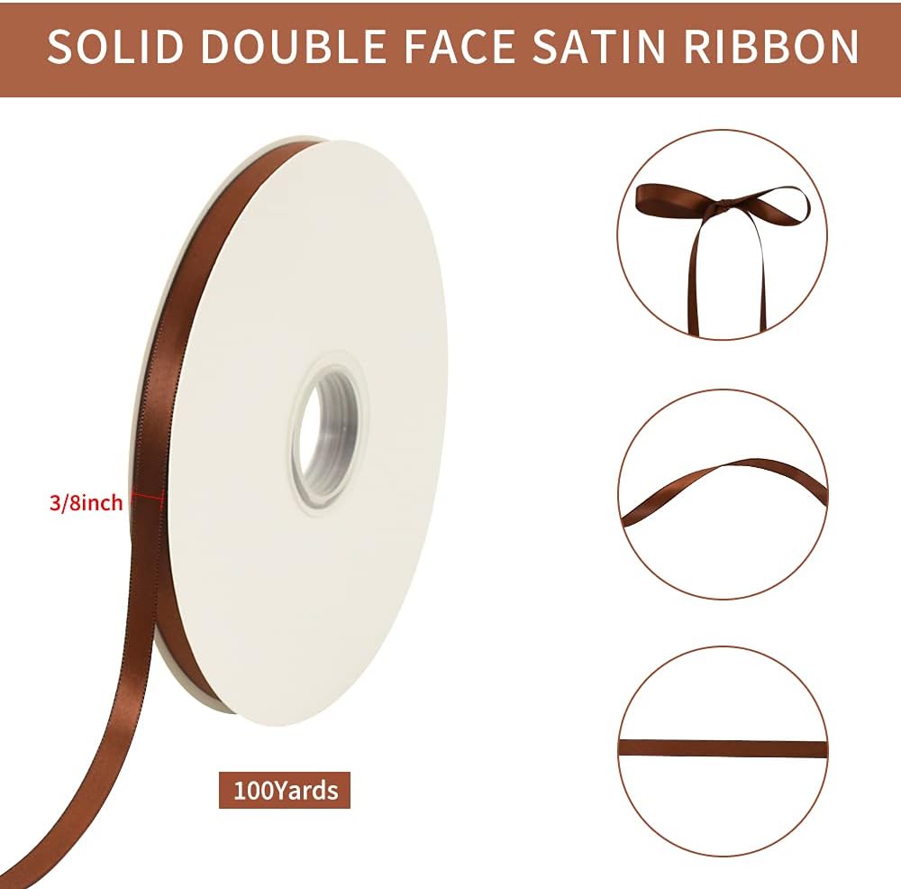 TONIFUL 3/8 Inch x 100yds Coffee Brown Color Satin Ribbon Thin Solid Fabric Ribbons Roll for Gift Wrapping Invitation Floral Hair Balloons Craft Party Wedding Decoration Valentine's Day Bouquet