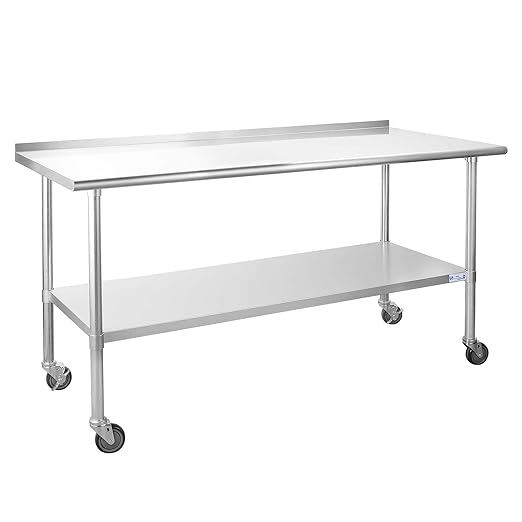 Stainless Steel Table for Prep & Work 24 x 72 Inches with Caster Wheels, NSF Commercial Heavy Duty Table with Undershelf and Backsplash for Restaurant, Home and Hotel