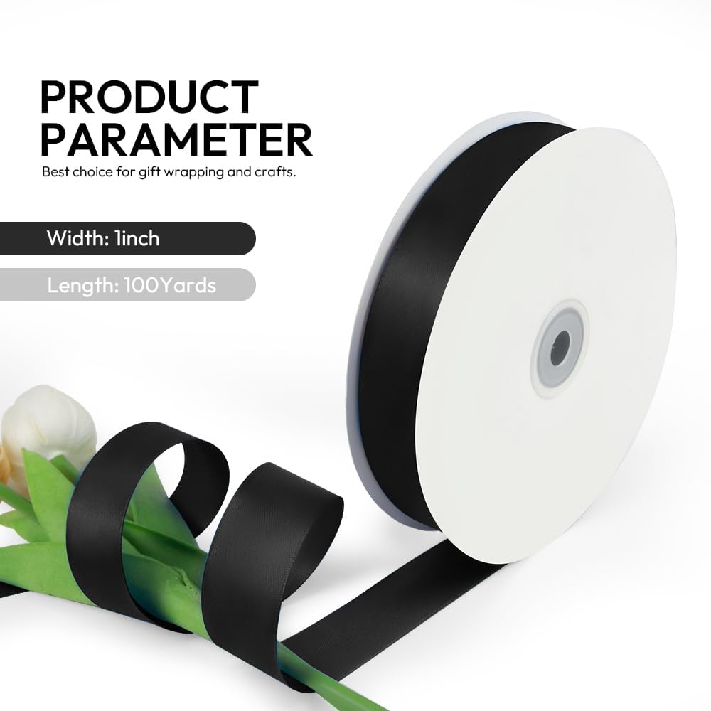 1 Inch 100 Yards Satin Ribbon Black, Solid Color Fabric Ribbon for Gift Wrapping, Wedding, Polyester Gift Ribbon for Birthday Party Decoration, Craft, Hair, Floral, Sewing