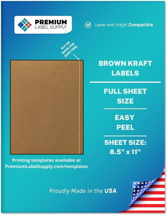 Premium Label Supply Brown Kraft Full Sheet Sticker Labels – 8.5" x 11" – Laser/Inkjet Compatible – 100 Sheets