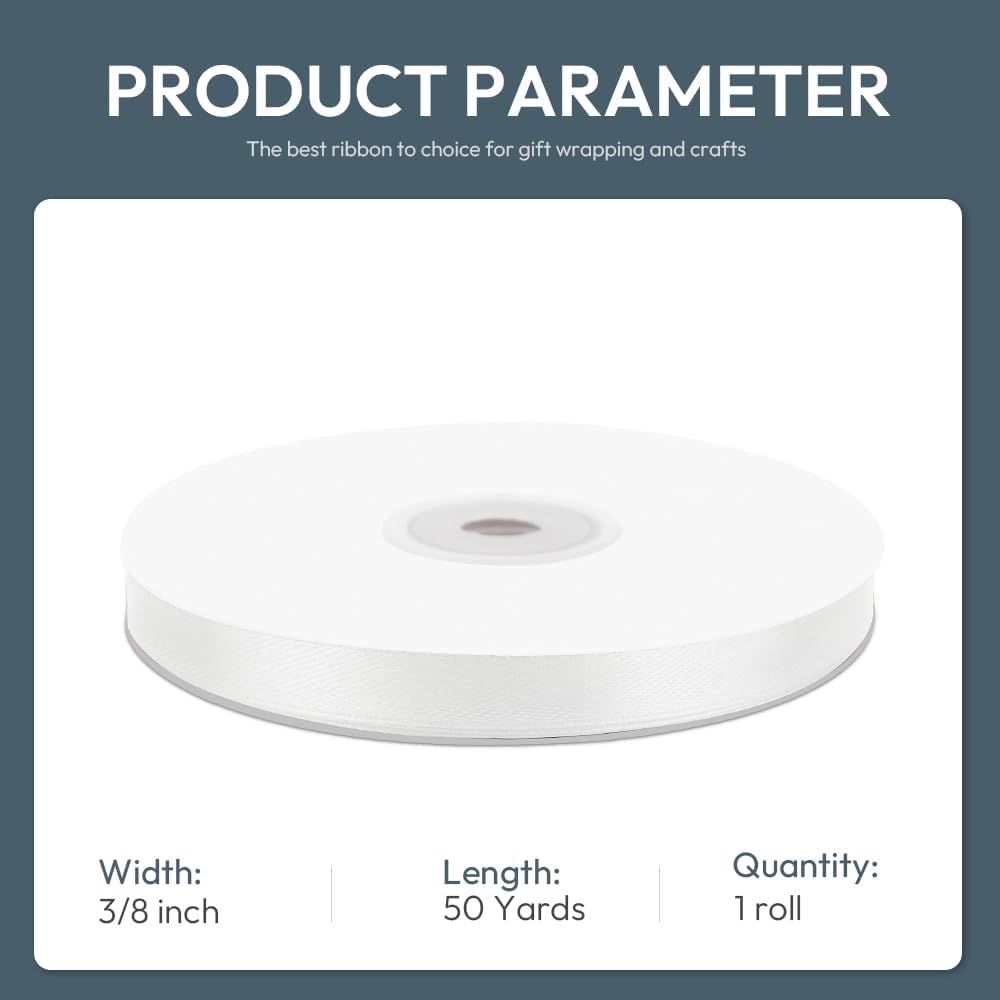 KMER LIFE 3/8" Wide x 50 Yards White Single Faced Polyester Satin Ribbon - Perfect for Wedding Decor, Wreaths, Crafts, Gift Wrapping & Other Projects