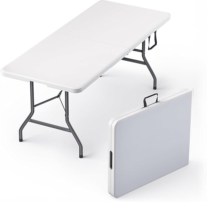 6 Feet Foldable Table with Built in Handle & Steel Legs | 6FT Heavy Duty Folding Portable | Perfect for Party, Dining, Wedding, Events, Picnic Indoor, Outdoor, Camping, Utility, Folding - 6 Foot