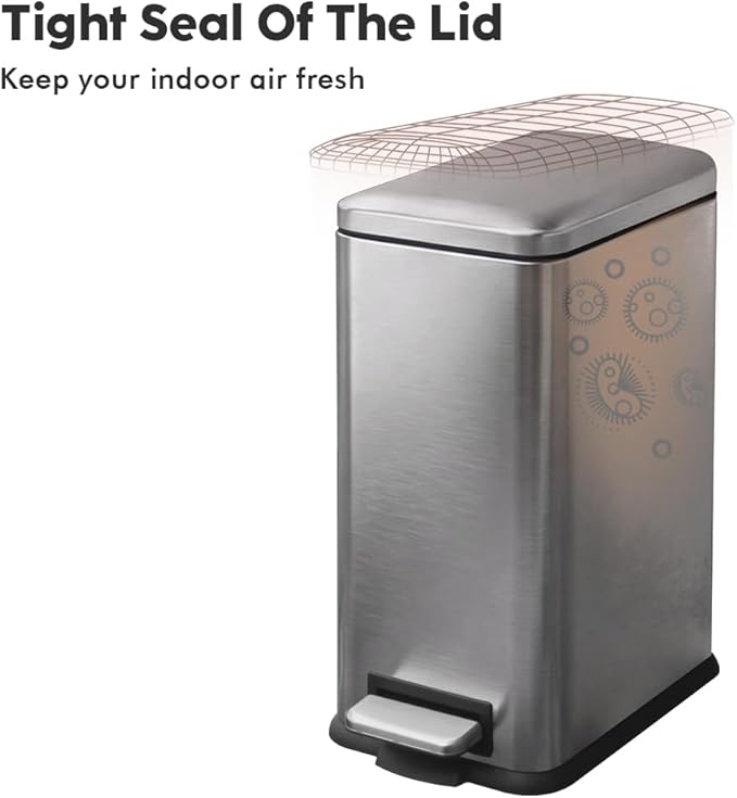 12 Gallon Slim Trash Can Kitchen, Stainless Steel Trash Can with Removal Inner Bucket and Soft-Close Lid, Pedal Garbage Can 45 Liter, Kohler Grey