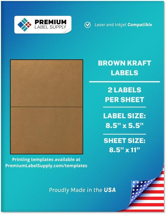 Premium Label Supply Brown Kraft Sticker Labels – 8.5" x 5.5" – Laser/Inkjet Compatible – (2 per Sheet), 100 Sheets – 200 Total Adhesive Labels